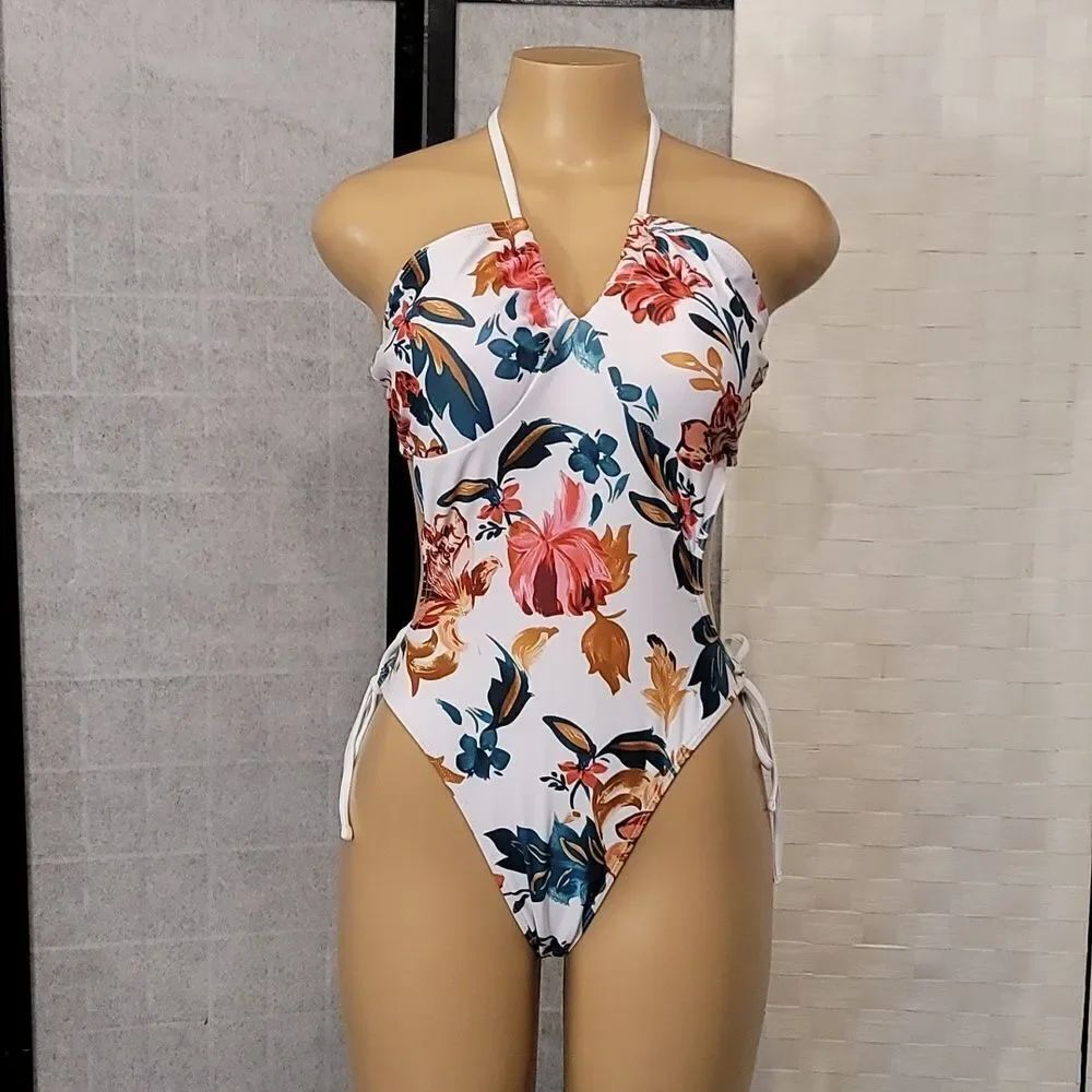 BRAND NEW ONE-PIECE WOMEN"S V-NECKLINE HALTER TOP FLORAL DESIGN SWIMSUITS
